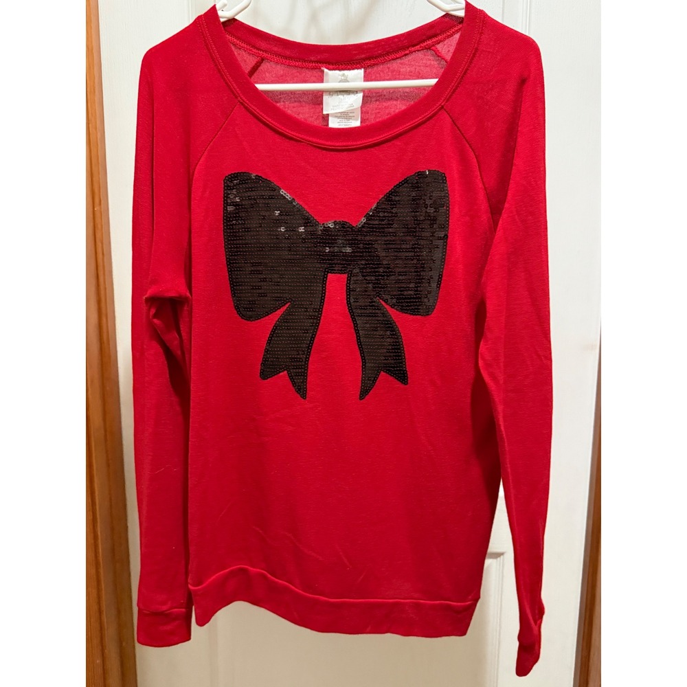 Jerry Leigh Red Sequin Bow Sweatshirt Juniors Large GT45G103JG Holiday Pullover